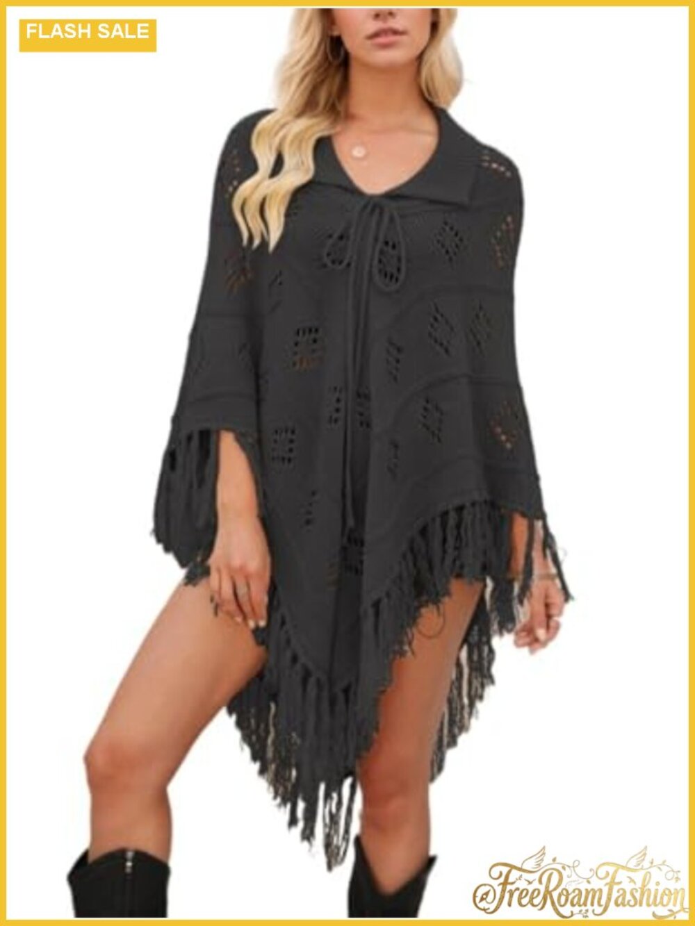 Womens Fringe Poncho Cape Openwork Knit Wrap Sweater Oversized